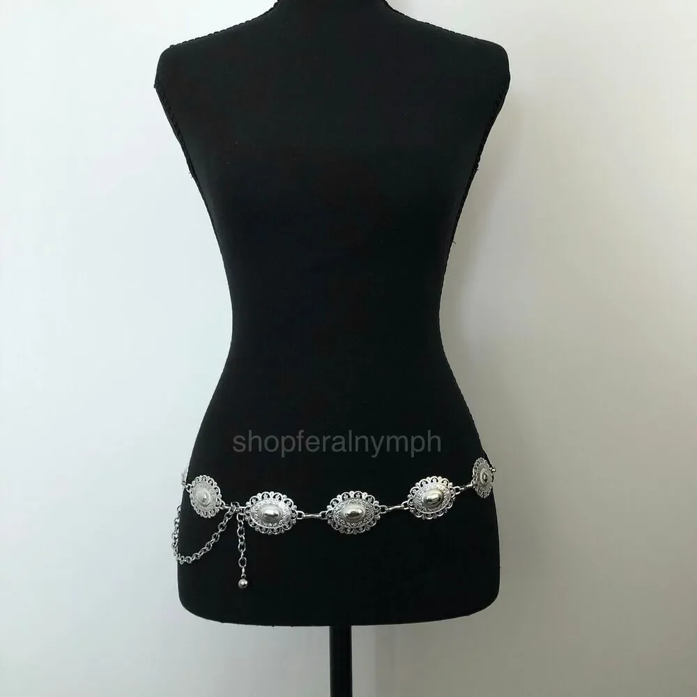 Y2K Boho Silver Ornate Oval Concho Chain Belt, Fits 25.5-45 Inches, X7GA1151